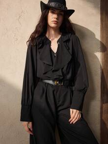 Zovinel 黑色金属扣极简宽松休闲衬衫，适合通勤、秋冬季穿着 - 黑色 - 查看 6