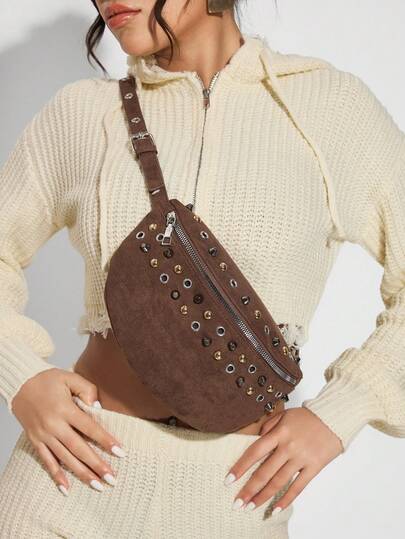 SHEIN SXY Ladies, Women Chest Bag, Waist Bag, Shoulder Bag, Gold, Silver, Gun, Black, Rivets, Suede, Cool, Retro, Fashionable, Street, Simple, Personalized, Versatile, For Date, Daily, Shopping, Afternoon Tea