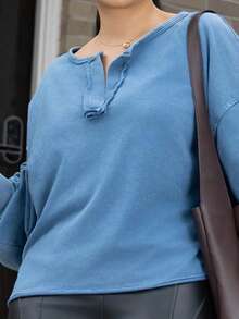 Melissa Matos 1pc Women Solid Color V-Neck Knit Long Sleeve Loose Pullover Sweatshirt,Long Sleeve Tops In Fall/Winter - Blue - View 5
