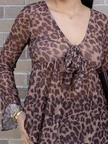 Melissa Matos 女士修身深 V 领喇叭袖豹纹针织网眼度假上衣长袖女士、性感、派对 - 彩色 - 查看 6