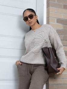 Melissa Matos Women Crew Neck Floral Pattern Solid Color Pullover Sweater Knit Pullover Fall Winter Outfit - Khaki - View 1