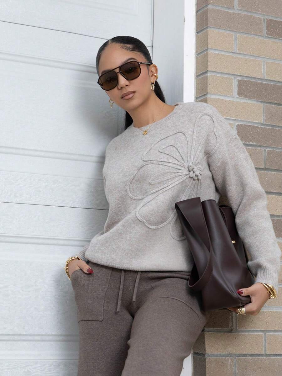 Melissa Matos Women Crew Neck Floral Pattern Solid Color Pullover Sweater Knit Pullover Fall Winter Outfit - Khaki - View 1