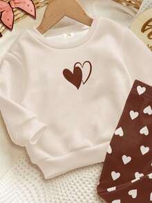 SHEIN Happikins Baby Girls Cream White & Brown, Sweet Minimalist Heart Print, Cute Deer Outfit, Baby Girl Casual Comfortable Soft Thick Warm Crew Neck Long Sleeve Sweatshirt And Leggings, Suitable For Autumn/Winter Daily Wear, Home, And Holidays