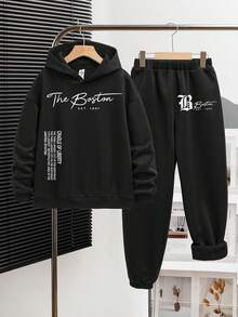 Tween-Jungen 2 Stücke Teenager Slogan Muster Lässiger Minimalistischer Hoodie Sweatshirt und Jogginghose Set, geeignet für Herbst/Winter