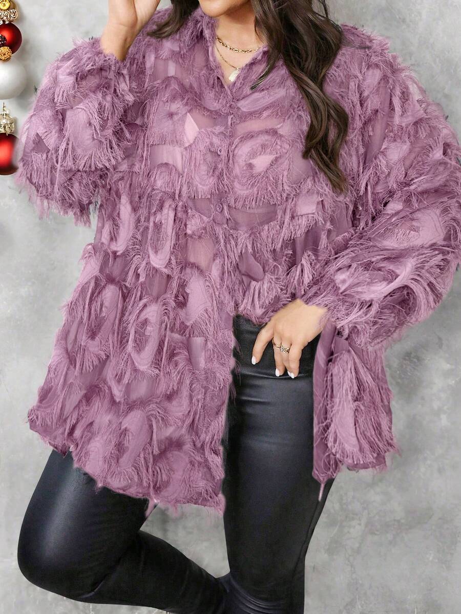 SHEIN LUNE Camicia casual ampia in chiffon semi-trasparente con frange, adatta per feste, all'aperto, Ringraziamento, Capodanno, rave invernali, Natale, compleanni delle donne, Capodanno, uscite serali, vacanze, feste - Viola - Visualizzare 1