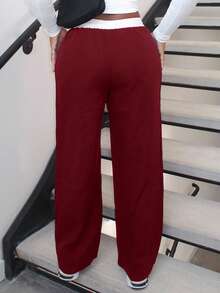 Alexandranx Casual Colorblock Drawstring Waist Wide Leg Pants Fall Cloth For Women - Burgundy - View 2