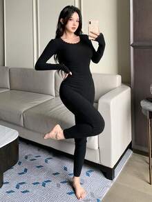 DAZY 女士修身两件套，撞色蕾丝边长袖上衣和裤子，冬季服装，黑色睡衣