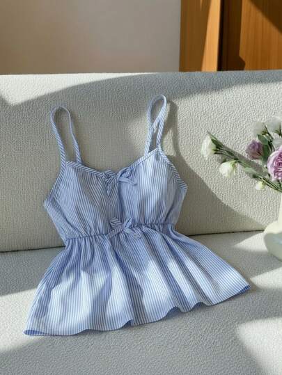 Top de tirantes sin mangas con decoración de lazo y calado para niña preadolescente, top de verano azul a rayas de estilo blusón, top de verano a rayas azul y blanco, tops de verano lindos y de moda