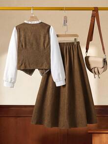 Teen Girl Butterfly Decor Contrast Color Long Sleeve T-Shirt And Solid Color Mini Skirt Vintage Set - Brown - View 2