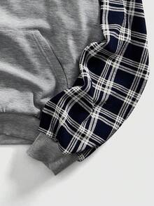 ROMWE MEN Prep 男士休闲格子拼接拉链连帽卫衣，秋季款，长袖上衣 - 灰色 - 查看 3