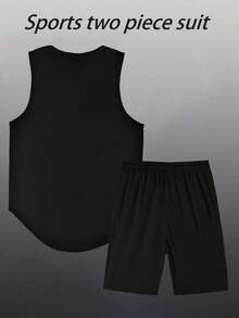 Manfinity Sport Corelite Men's Breathable Knitted Fabric Sports Set: Sleeveless Round Neck Tank Top And Regular Length Shorts, Black,GYM,Breathable