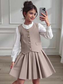 SHEIN Tween Girl 优雅金色纽扣背心、荷叶边领衬衫和百搭百褶裙套装，适合秋冬季、派对和日常穿着 - 卡其色 - 查看 9
