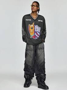 SCOOBY-DOO X SHEIN Áo thun nam tay dài cổ chữ V in hình chú chó thường ngày, mùa thu - màu đen - Xem 1