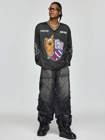 SCOOBY-DOO X SHEIN Men's Casual Dog Print V-Neck Long Sleeve T-Shirt, Autumn