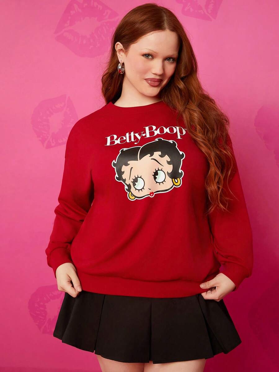 Betty Boop x SHEIN 大码复古性感街头服饰 Y2K 秋季红色经典卡通人物图案宽松圆领运动衫