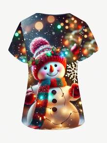 PopScrub Plus Size Women Cute Snowman Graphic V-Neck Short Sleeve Blouse, Suitable For /Nursing Uniforms - متعدد الألوان - مشاهدة 2