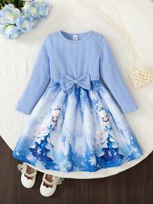 Elladie kids 1pc 女童长袖连衣裙 秋季新款 儿童装 蝴蝶结腰饰 圆领 数字定位 冰雪公主 卡通图案连衣裙 - 藍色 - 查看 3