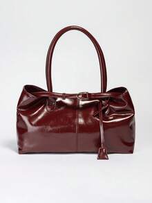 Aloruh 1 件女士大容量托特包女式 PU 皮革单肩包手提包女孩休闲经典简约设计师商务风格包时尚女士通勤手提包上班黑色白色棕色银色 - 酒紅色 - 查看 5