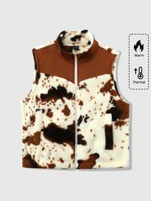 ROMWE MEN Street Life Men's Casual Street Style American Cow Texture Patchwork Fleece Vest, Autumn/Winter