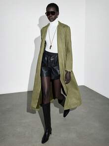 Lumivelle Women's Khaki Notched Collar Long Sleeve Basic Long Coat Jacket, Suitable For Commuting And Business Occasions, Autumn/Winter - Army Green - View 1