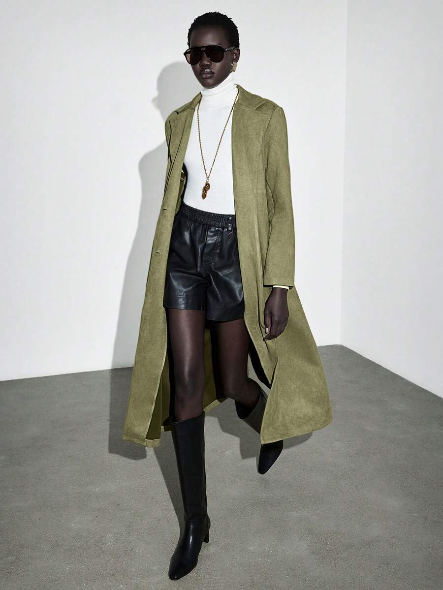 Lumivelle Women's Khaki Notched Collar Long Sleeve Basic Long Coat Jacket, Suitable For Commuting And Business Occasions, Autumn/Winter - Army Green - View 1