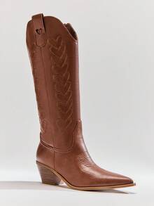 Solezae 新款女式心形刺绣纯素皮革尖头西部风格别致牛仔靴粗跟一脚蹬牛仔舞节日秋冬鞋 - 棕色 - 查看 6