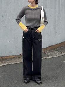 FRIFUL pull casual ajusté à manches longues, col et poignets contrastés, col rond, côtelé. Polyvalent pour l'automne/l'hiver - Gris - Voir 2