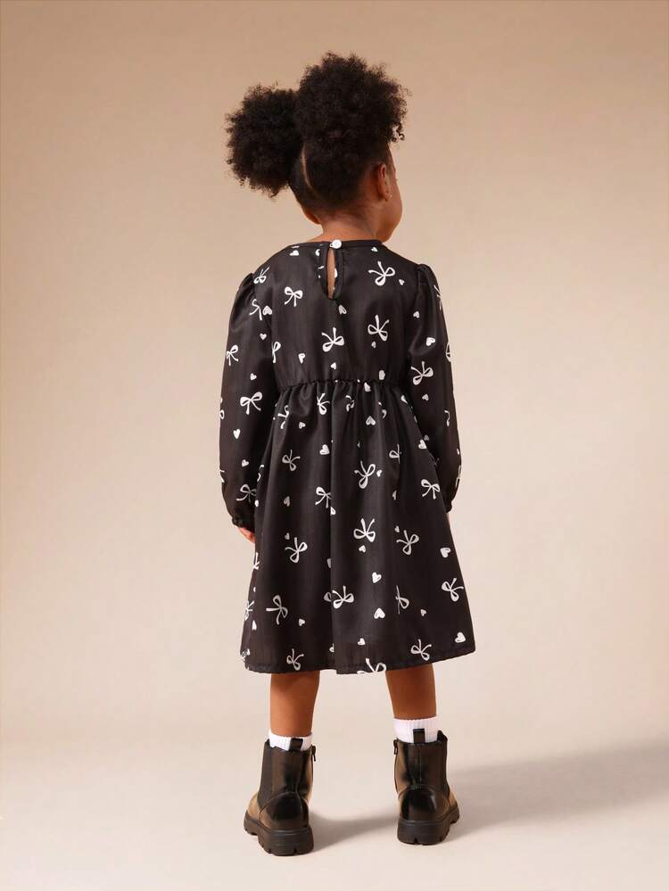 Long Sleeve Bow Heart Print A-Line Dress