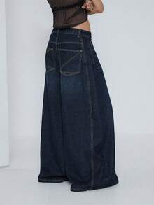COUREZ Quần jeans ống rộng cạp thấp kiểu skater với đường may phía trước / Phong cách đường phố Y2K, quần jeans rộng thùng thình dễ thương cho mùa xuân và kỳ nghỉ. - Rửa tối - Xem 6