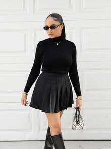 Melissa Matos Solid Color High Waist Pleated Skirt ,Petite Women - Black - View 4
