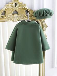 SHEIN Elladie kids 女婴优雅简约蝴蝶结外套和帽子套装，秋冬款 - 綠色 - 查看 2