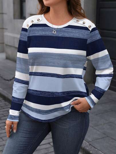 EMERY ROSE Camiseta de manga larga con cuello redondo y estampado de rayas, talla grande y minimalista