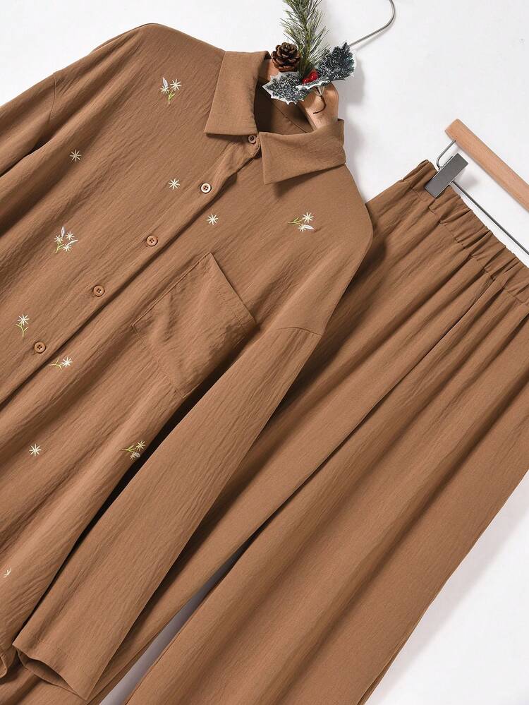 Casual Floral Embroidery Shirt & Pants Set Blouse And Pants Set Shirt And Pants Set Brown Set Women Women Suit Sets Work Clothes Women Set Shirt And Skirt Set Suit Sets For Women Elegant Women's Sets