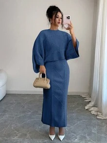 Elenzga 黄色长袖上衣和直筒裙两件套，优雅大方，适合秋冬季参加派对或通勤穿着。 - 藏蓝色 - 查看 6