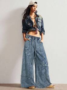 Bohemela Women's Casual Solid Color Wide Leg Jeans - Light Wash - View 5