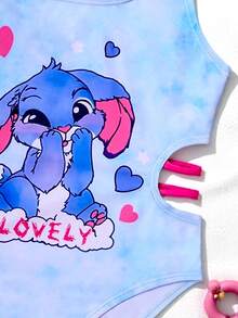 Cute Heart & Stitch Print Hollow Out One-Piece Swimsuit For Young Girl, Pool/Beach/Party Pink And Blue Kids Bathing Suit One Piece Bathing Suit Kidd Stitch Swimsuit For Girl - Blue - View 5