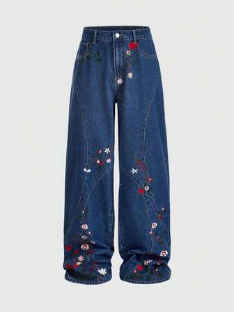 Street Life Jeans droits pour hommes, lavés avec broderie florale décontractée