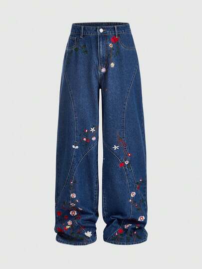 Street Life Jeans droits pour hommes, lavés avec broderie florale décontractée