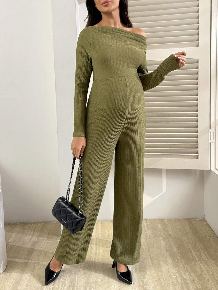 SHEIN 孕妇连体裤，长袖，斜肩设计，修身上身，宽松下摆 - 軍綠色 - 查看 1