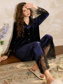 Côtesoire Elegant French Collar Velvet & Lace Patchwork Long Sleeve Women Lace Pajama Set Sleepwear Navy Blue Sleep Wear Women Silk, Fall & Winter Clothes - Navy Blue - View 5