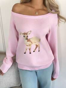 CovetEZ Pink Deer Pattern Asymmetric-Shoulder Long Sleeve Casual Knit Pullover Sweater,Christmas Sweater Women - Pink - View 3