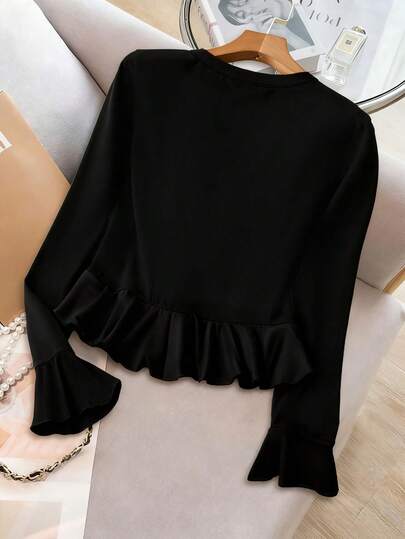 GlowEve Women's Autumn/Winter Casual Chic T-Shirt, Short Style With Faux Button-Down Collar, Long Sleeve, Round Neck, Color Block Patchwork Design On Cuffs, Hem And Frill Flared Sleeves, Black And Apricot Knitted Fabric, Elegant Graphic Tees Women Tops For Spring