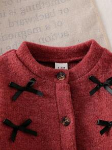 SHEIN Newborn Casual Autumn/Winter Fashion Knitted Bow Jacket And Solid Color Pants Set - Burgundy - View 4