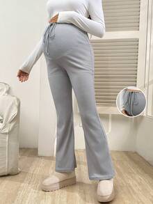 SHEIN Casual Comfortable Drawstring Waist Knitted Waffle Maternity Flare Pants - Grey - View 5