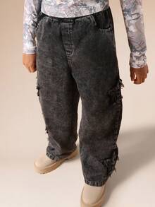 SUMWON Quần jeans ống rộng rách cho bé gái tuổi teen - Quần denim ống rộng cổ điển giặt sạch có chi tiết rách - màu đen - Xem 5