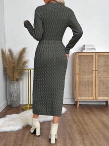 EMERY ROSE Váy dệt kim ôm dáng cổ tròn tay dài, eo rút dây, hai túi cho nữ, mùa thu/đông - Xám - Xem 2