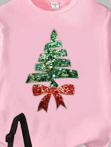 SHEIN ¡Feliz Navidad! Conjunto de ropa navideña para niñas - Casual, de moda, personalizado, fresco, minimalista, lindo con estampado de árbol de Navidad brillante y lazo. Conjunto de camiseta corta y leggings, atuendo cómodo para fiesta de Navidad y ropa navideña para niñas. Leggings de invierno para niñas. - Multicolor - Ver 6