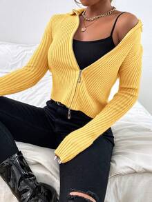 Aveloria GENKIRA Women Casual Solid Ribbed Knit Zip Front Cardigan  - Yellow - View 7