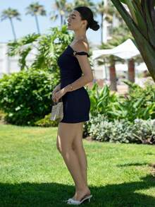 Andrea Bello Fitted Ruched Metal Buckle Navy Blue Dress - Navy Blue - View 4