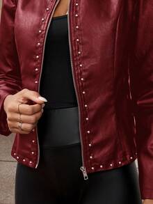 SHEIN Clasi Elegant Women's PU Round Neck Long Sleeve Studded Jacket In Fall/Winter - Red - View 9